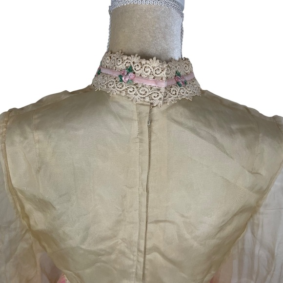Vintage 60s 70s Empire Gown White Pink Organza Lace Ribbon Trim Formal Dress - Picture 9 of 16